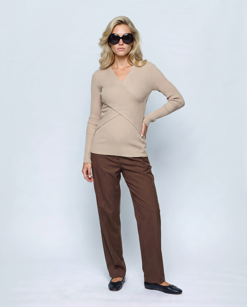 Alma Cross-Front Top in Oatmeal beige, front view on a non-pregnant model
