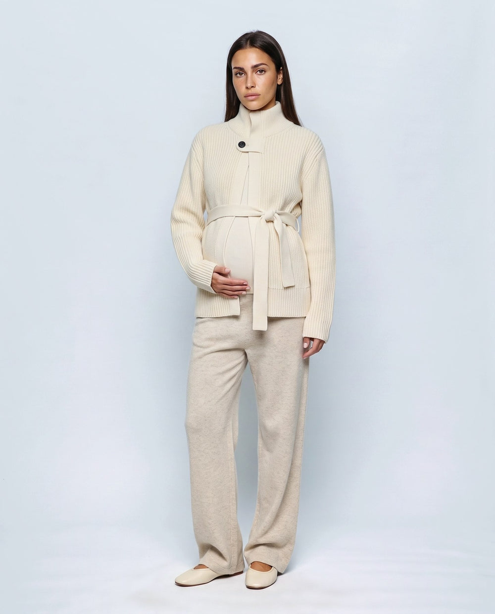 Colette Tie-Waist Cardigan in Cream, front view
