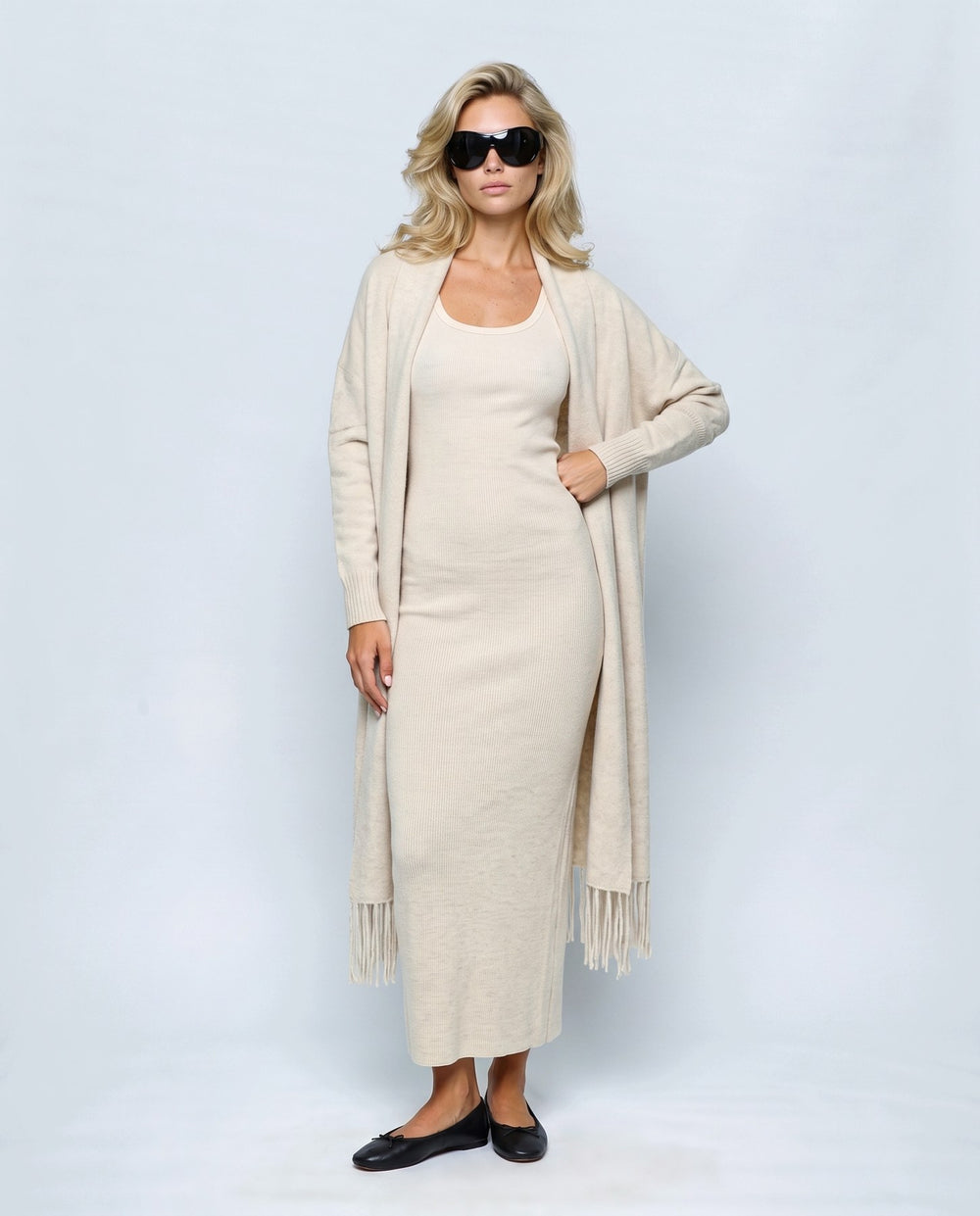 Juliette Cardigan & Slip Dress Set in Oatmeal cream, front view on a non-pregnant model