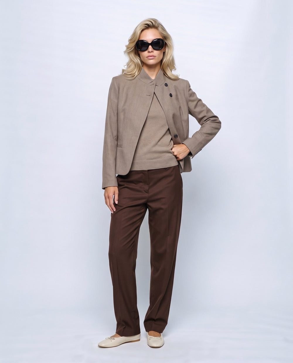 Maelle Stand-Collar Blazer in Taupe, front view on a non-pregnant model