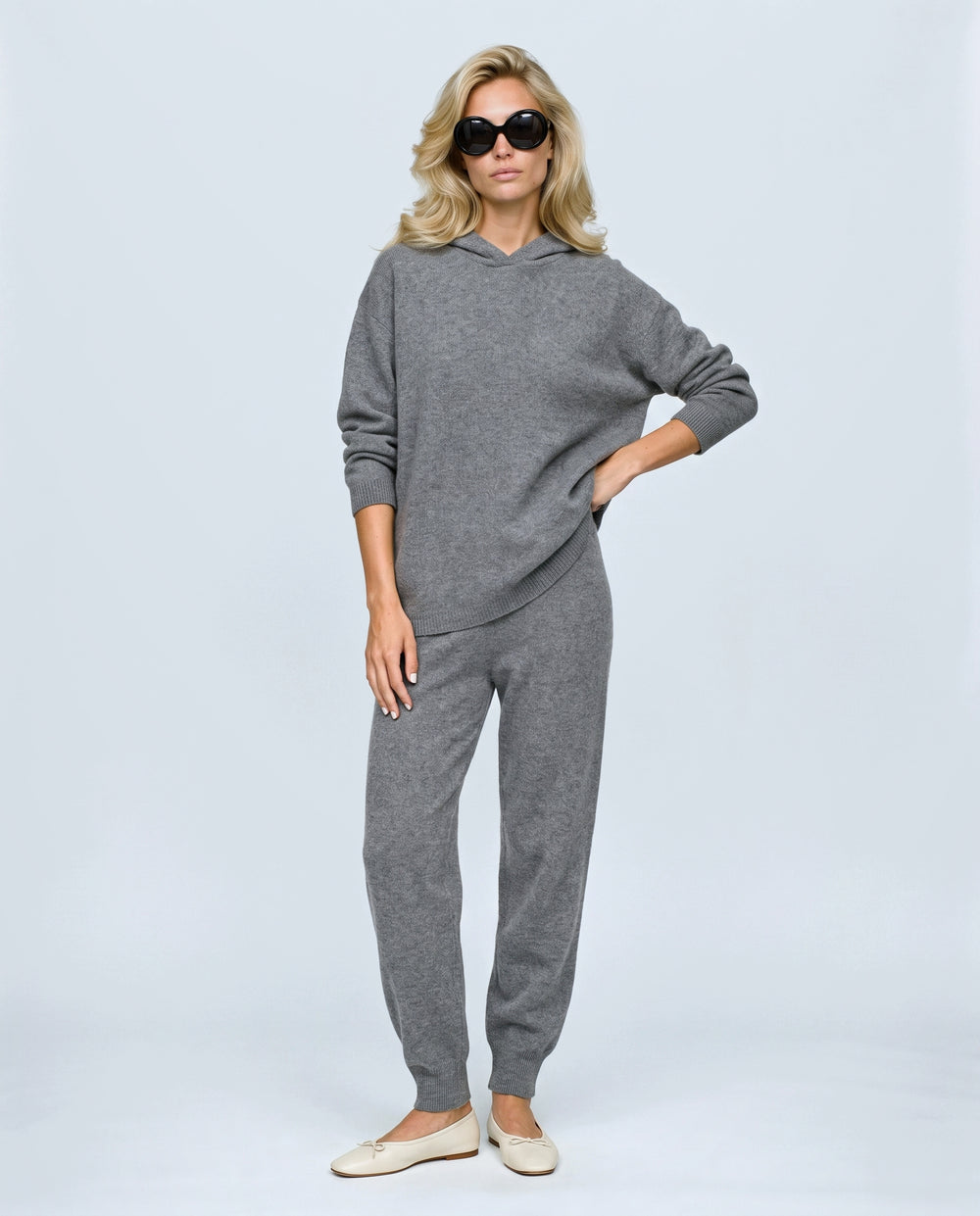 The Hooded Knit Lounge Set in Grey, front view on a non-pregnant model