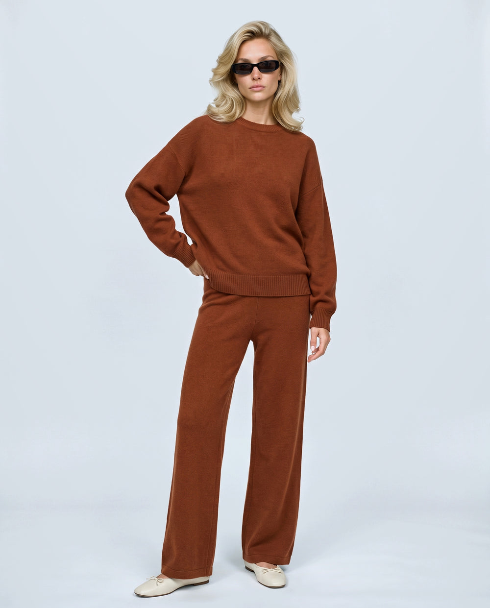 The Relaxed Knit Culotte Set in Rust, front view on a non-pregnant model