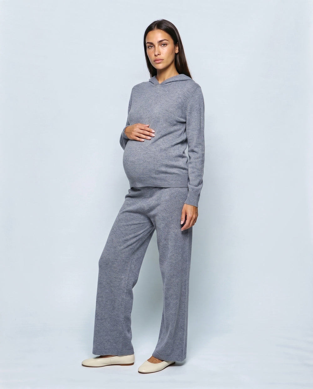 The Hooded Wide-Leg Knit Set in Grey, front view