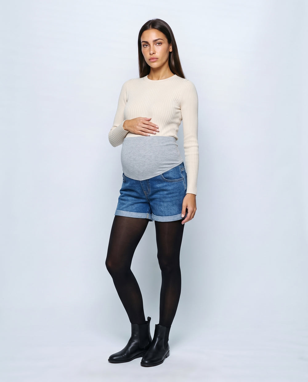 The Everyday Maternity Denim Shorts in Indigo denim, front view