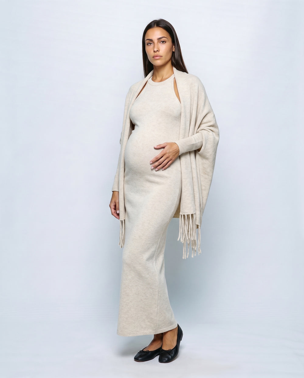 Odette Dress & Fringed Shawl Set in Oatmeal cream, front view