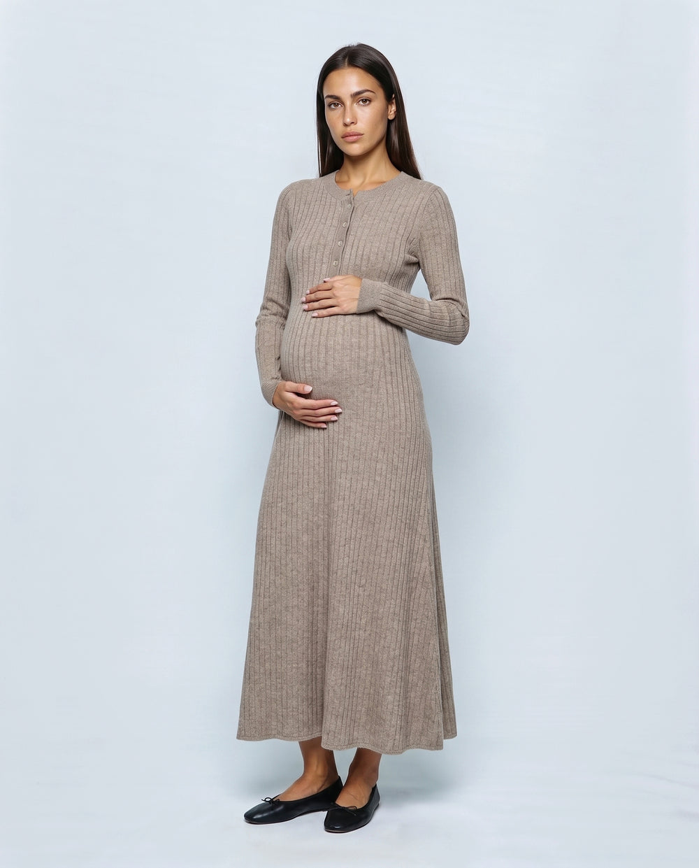 The Longline Knit Dress in Oatmeal camel, front view