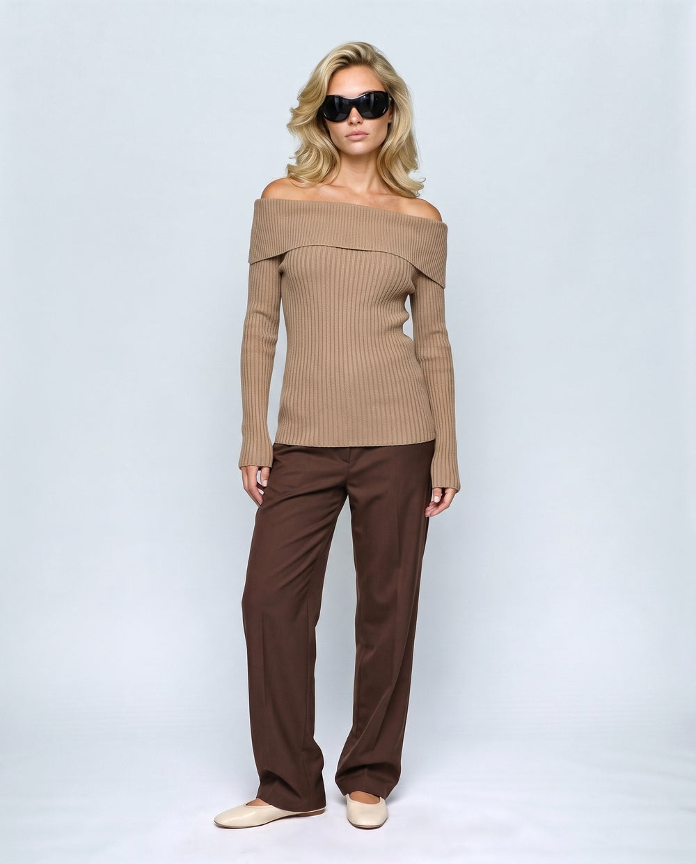 The Bardot Ribbed Top in Taupe camel, front view on a non-pregnant model
