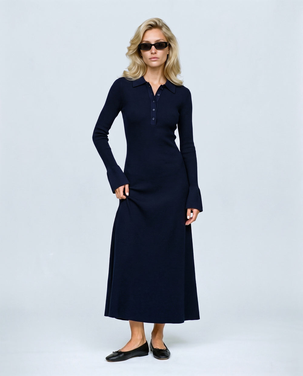 Sophie Tie-Neck Maternity Dress in Navy, front view on a non-pregnant model