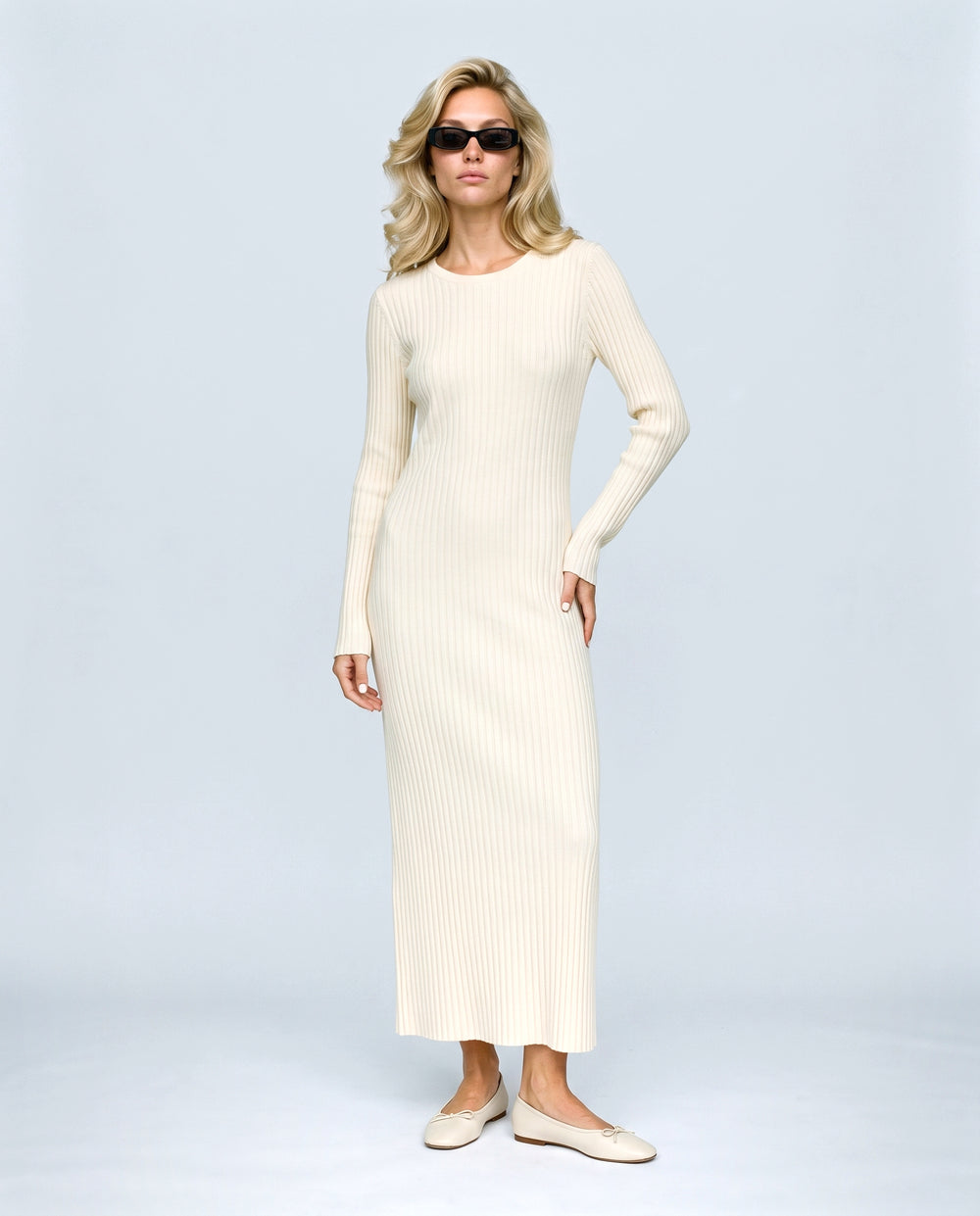 Leonie Long-Sleeve Maternity Dress in Cream, front view on a non-pregnant model