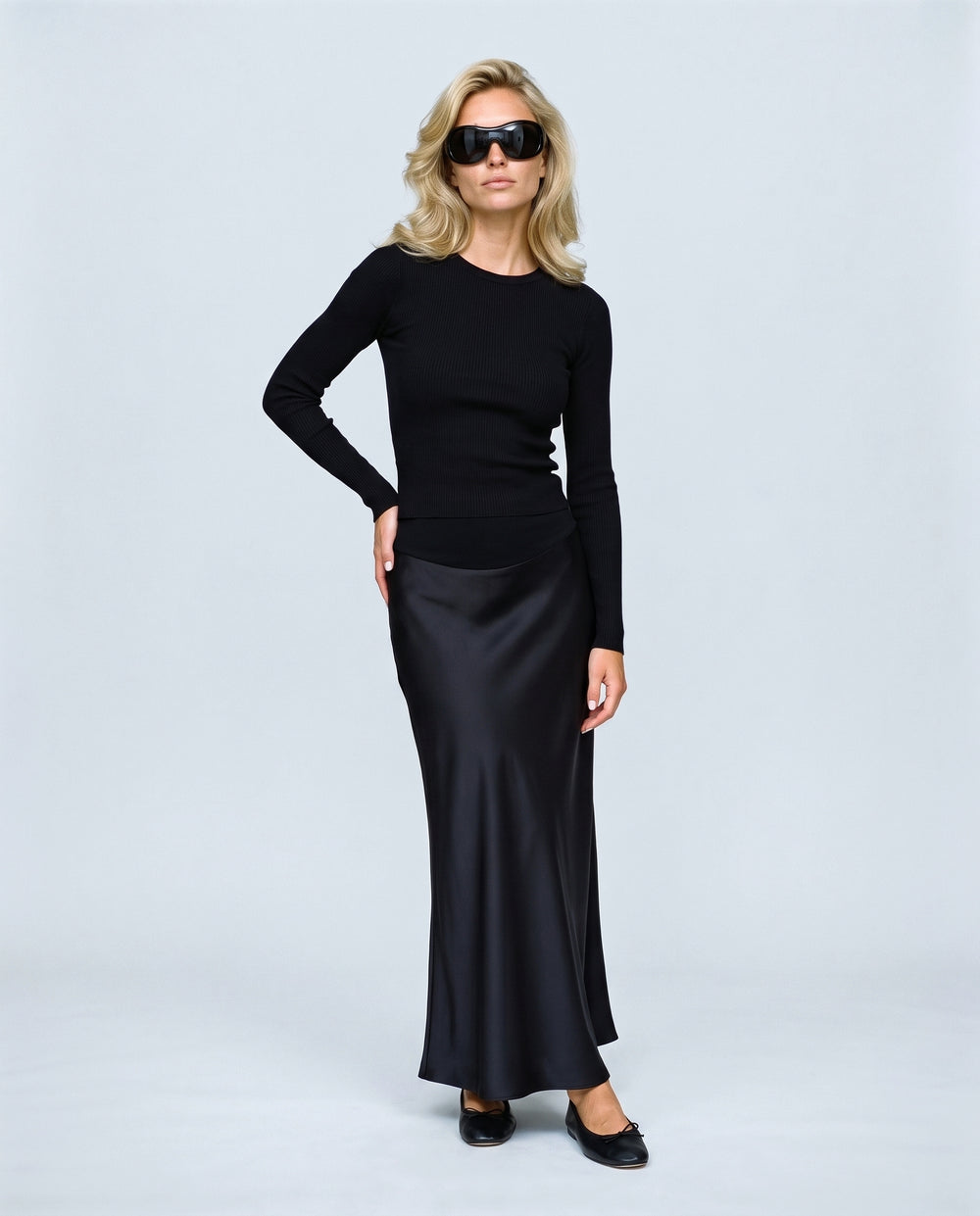 Celeste Satin-Finish Maternity Skirt in Black, front view on a non-pregnant model