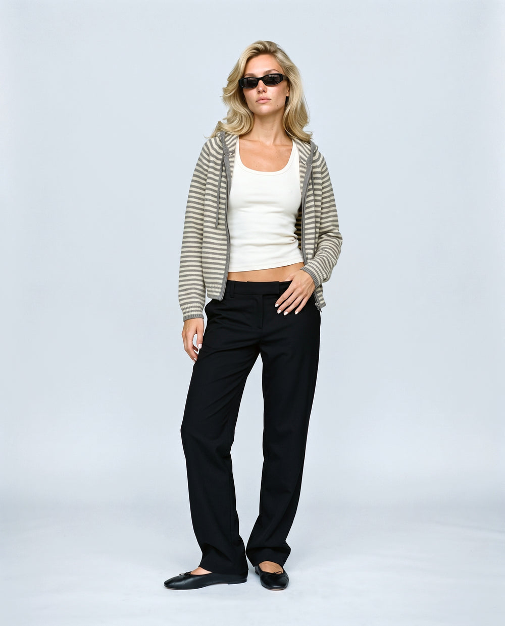Marin Striped Hooded Cardigan in Grey stripe, front view on a non-pregnant model