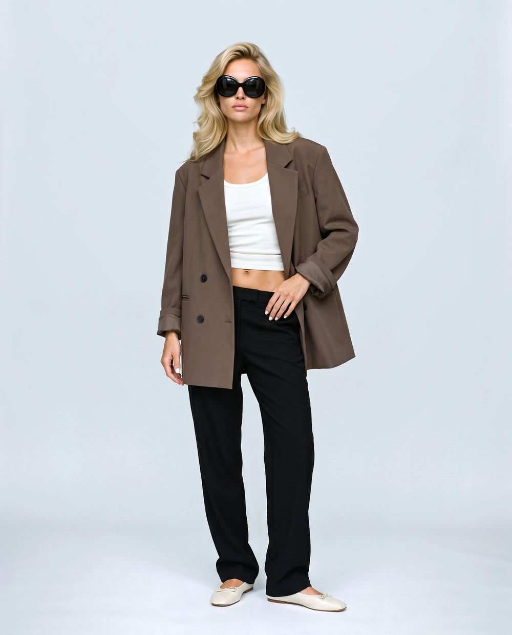 Lou Oversized Blazer in Mocha brown, front view on a non-pregnant model