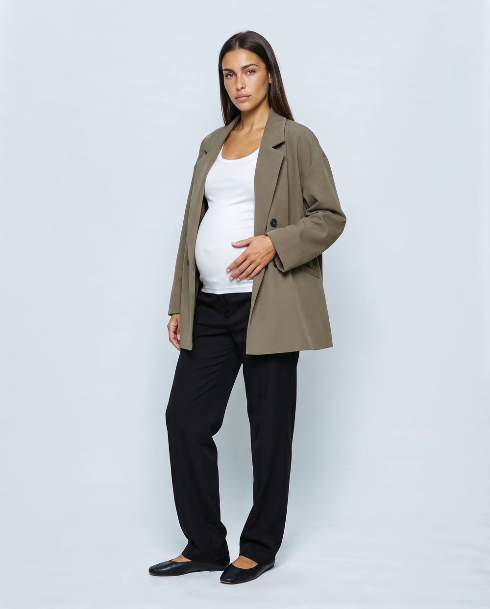 The Relaxed Double-Breasted Blazer in Khaki olive, front view