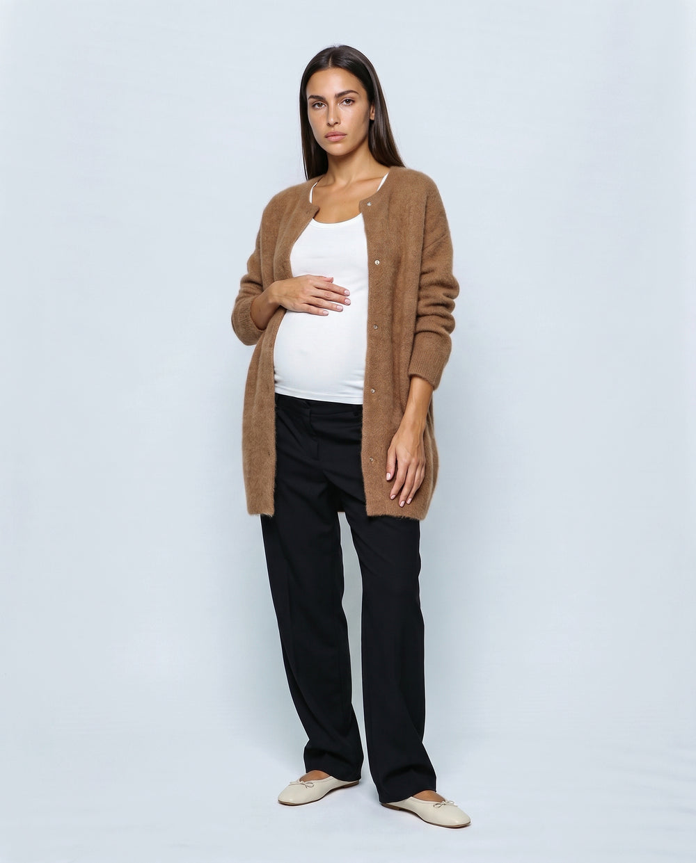Anais Longline Button Cardigan in Camel, front view