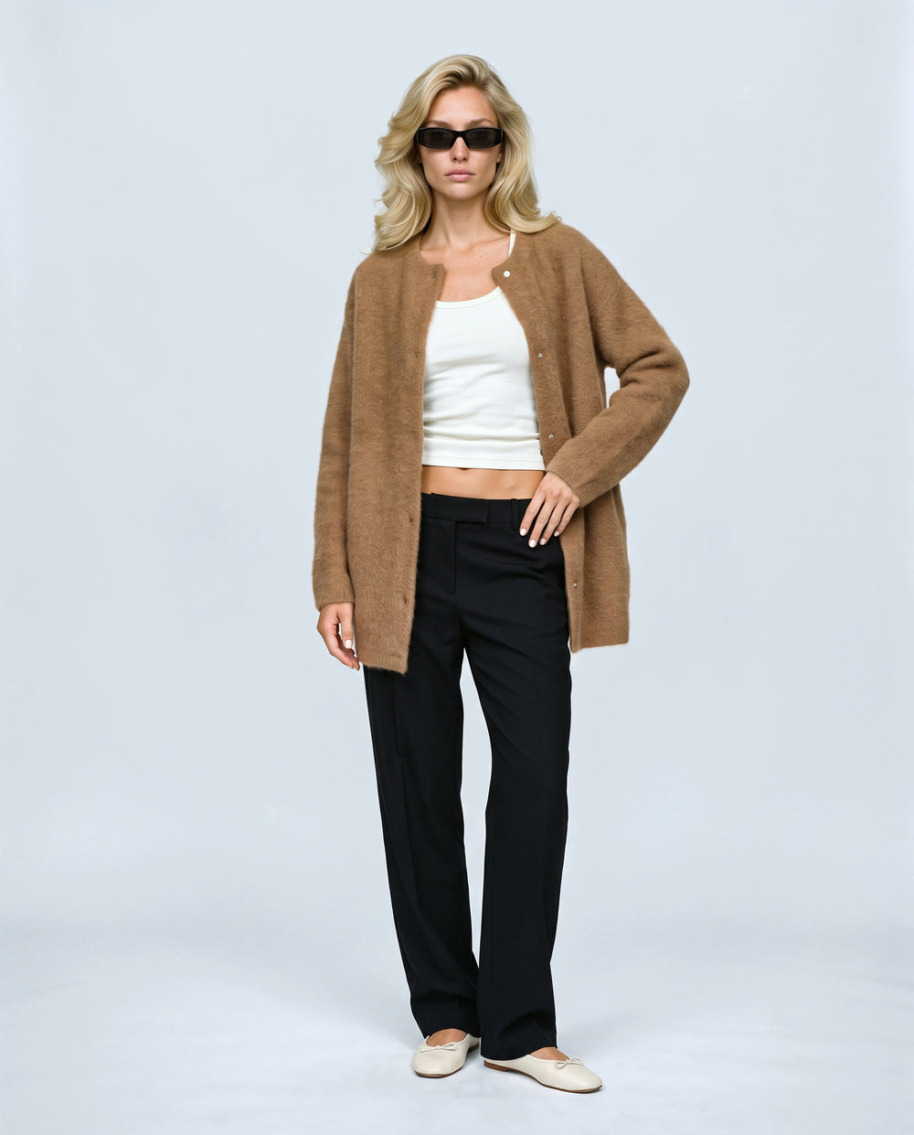Anais Longline Button Cardigan in Camel, front view on a non-pregnant model