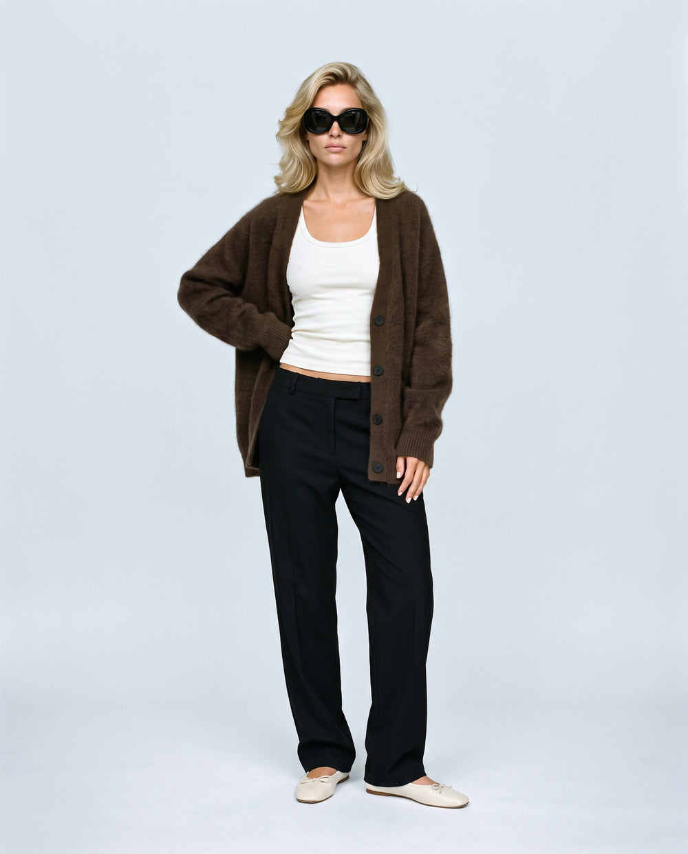 The Deep-V Cardigan in Brown, front view on a non-pregnant model
