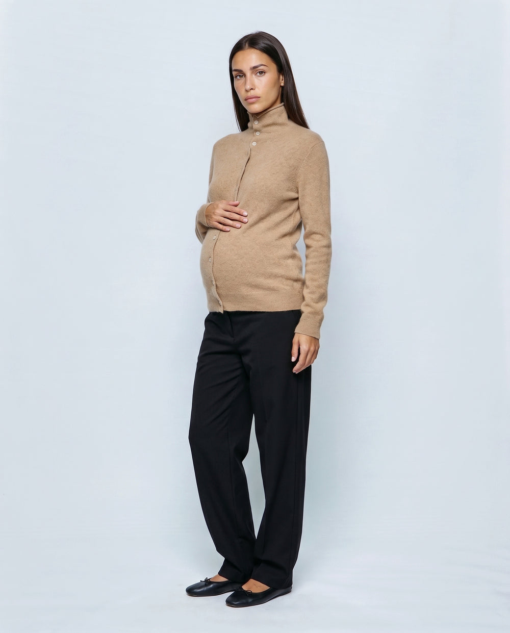 Clemence Roll-Edge Cardigan in Camel, front view