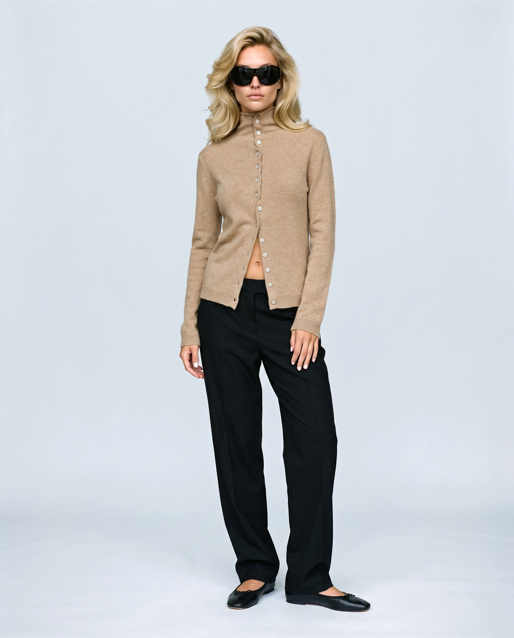 Clemence Roll-Edge Cardigan in Camel, front view on a non-pregnant model