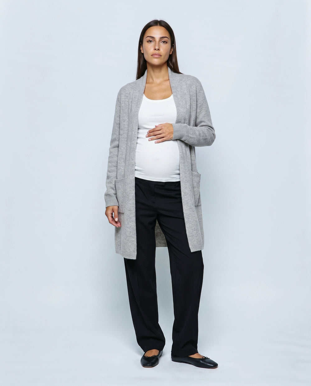 The Open-Front Longline Cardigan in Grey, front view