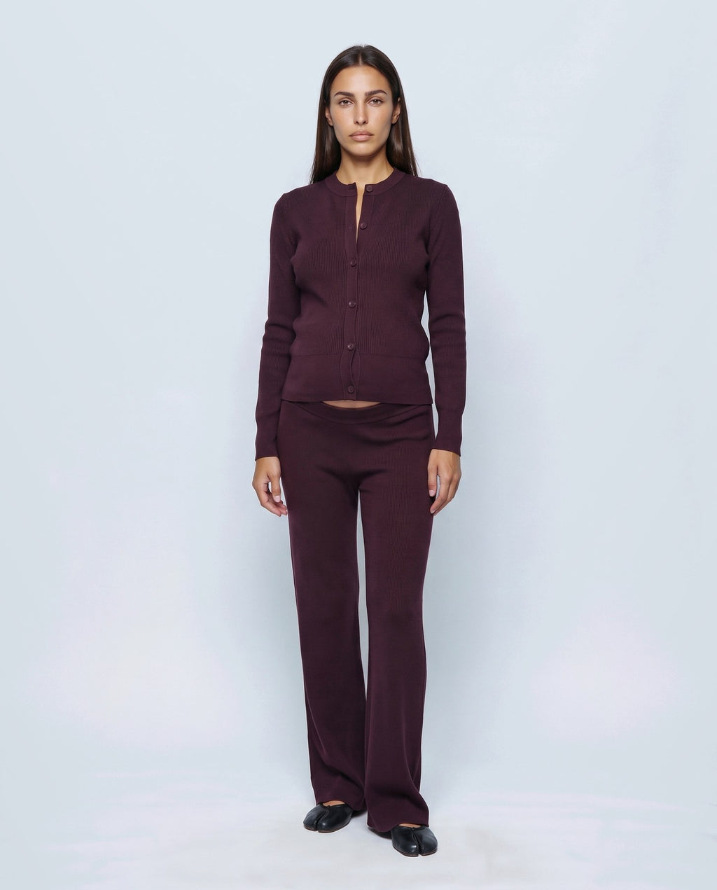 Adele Cardigan & Pant Set in Aubergine coffee, closed styling