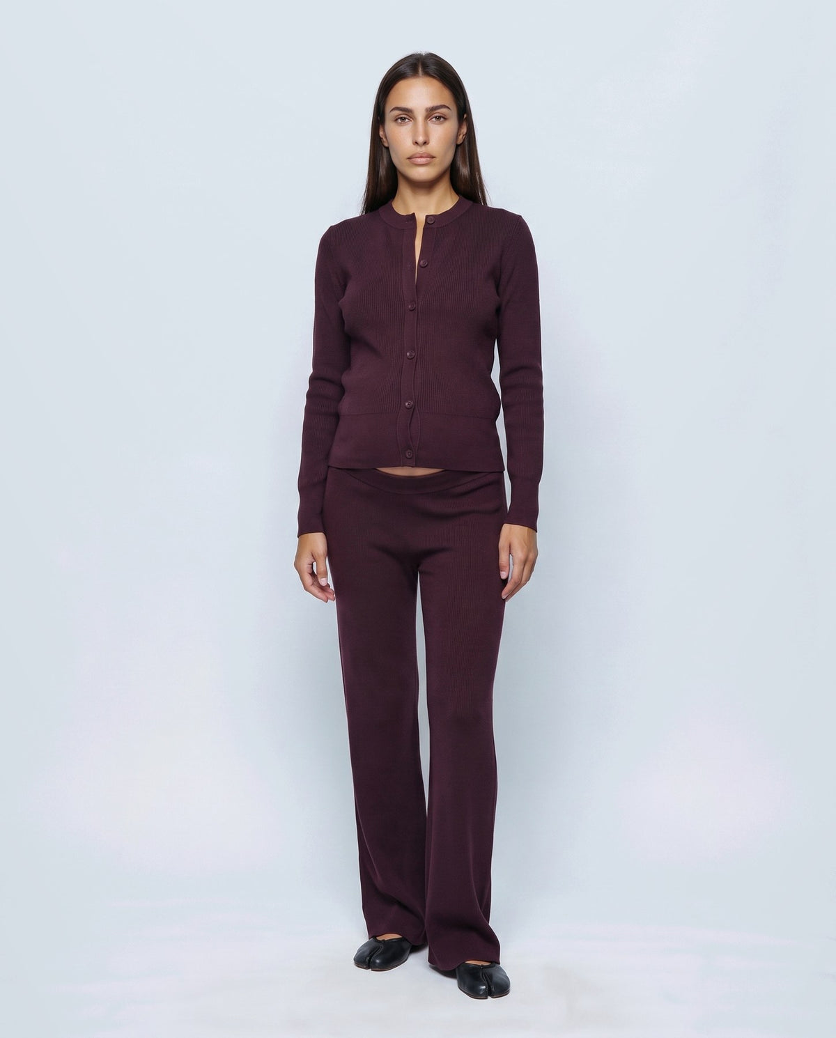 Adele Cardigan & Pant Set in Aubergine coffee, closed styling