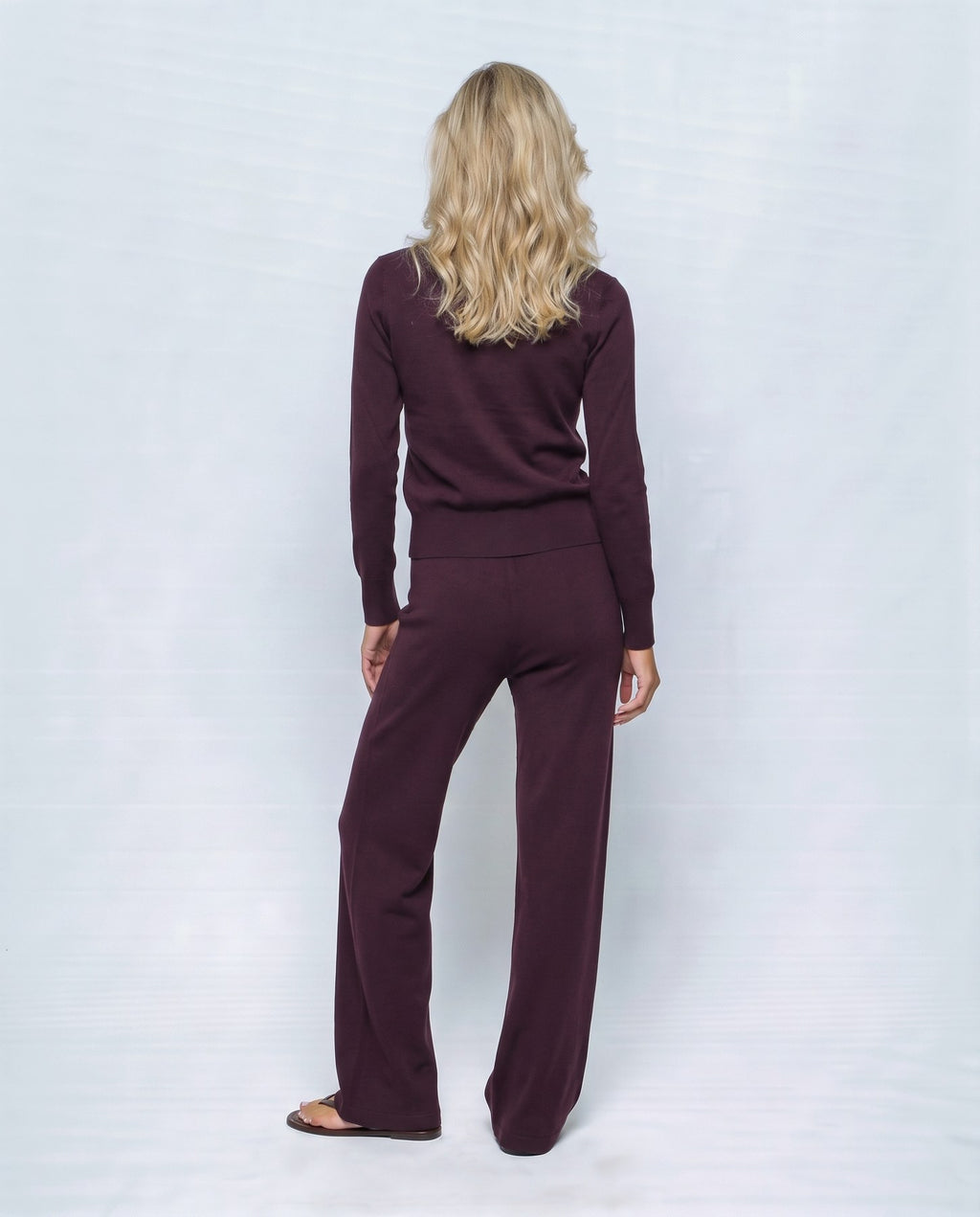 Adele Cardigan & Pant Set in Aubergine coffee, back view on a non-pregnant model