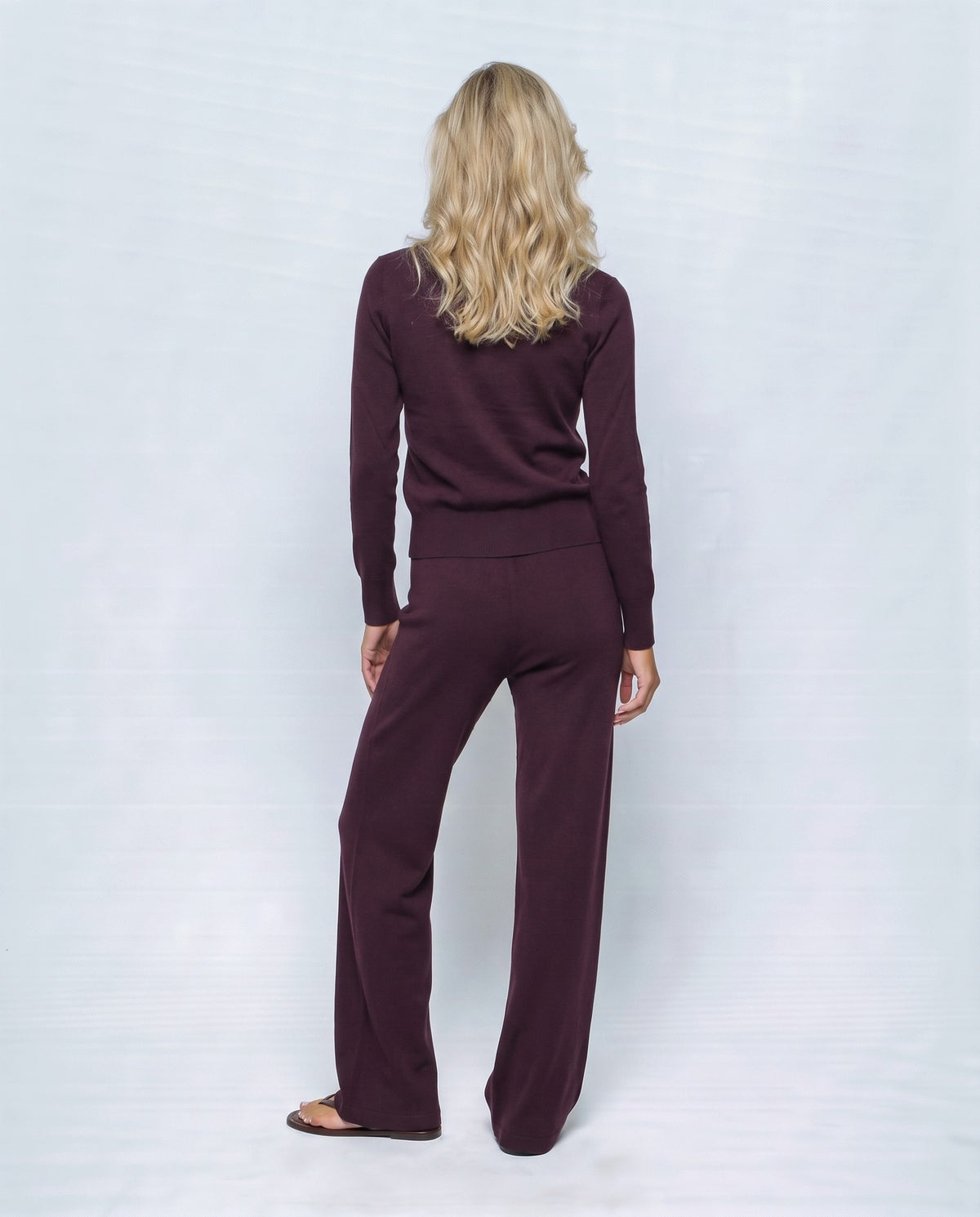 Adele Cardigan & Pant Set in Aubergine coffee, back view on a non-pregnant model