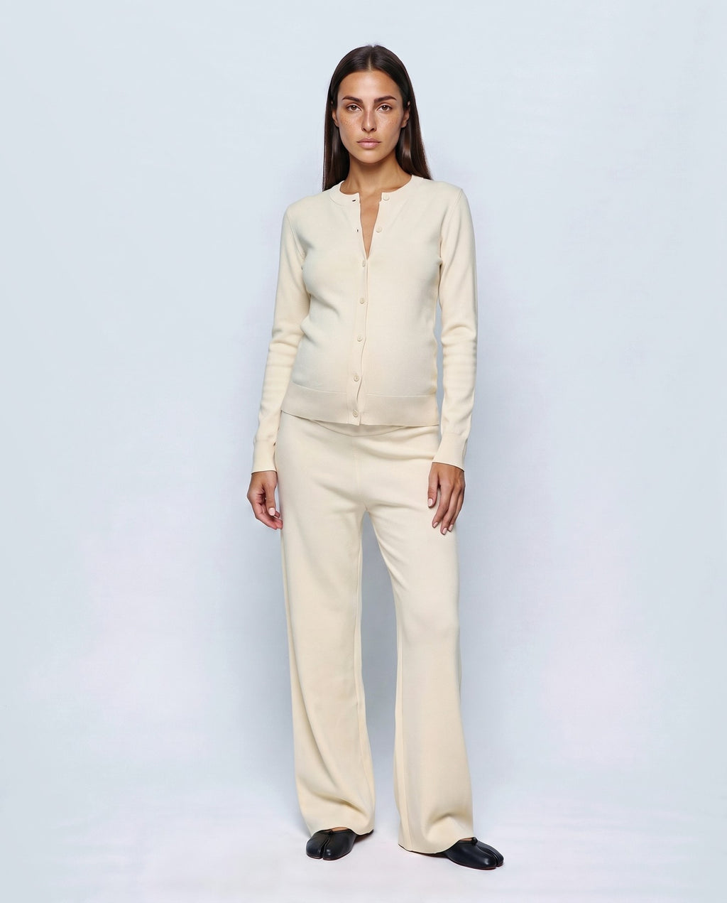 Adele Cardigan & Pant Set in Ecru, closed styling