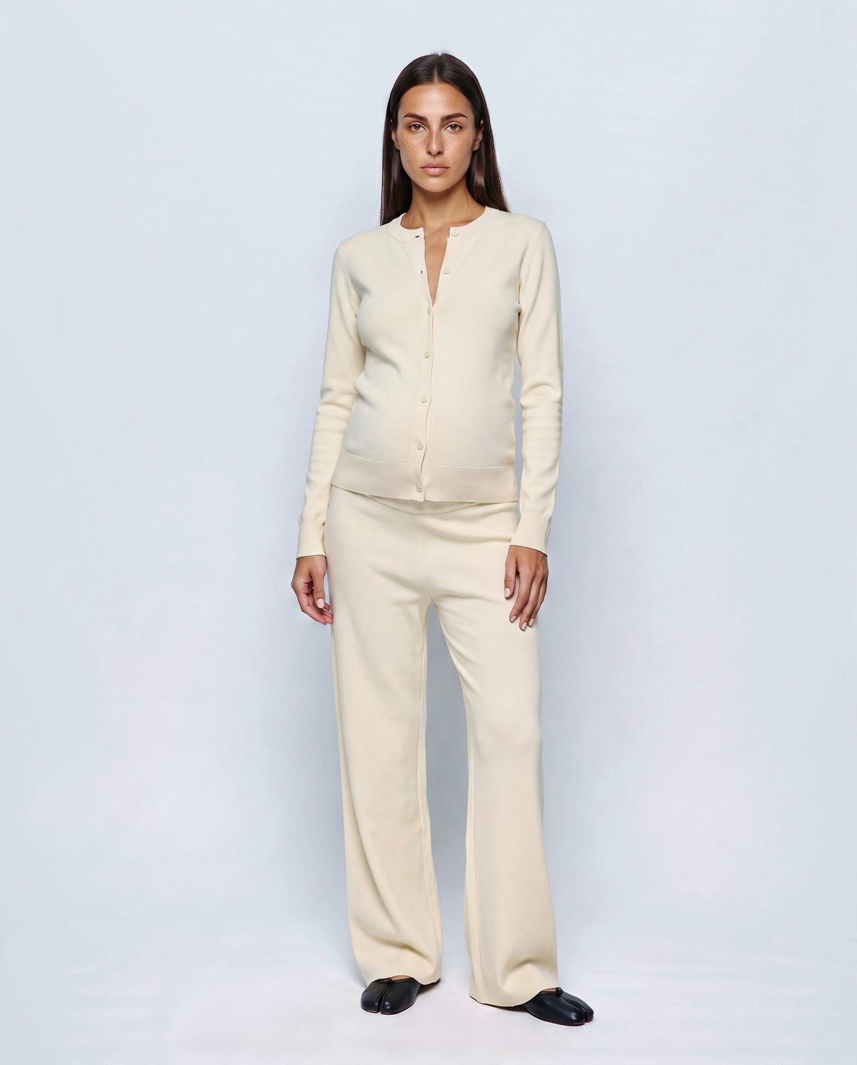Adele Cardigan & Pant Set in Ecru, closed styling