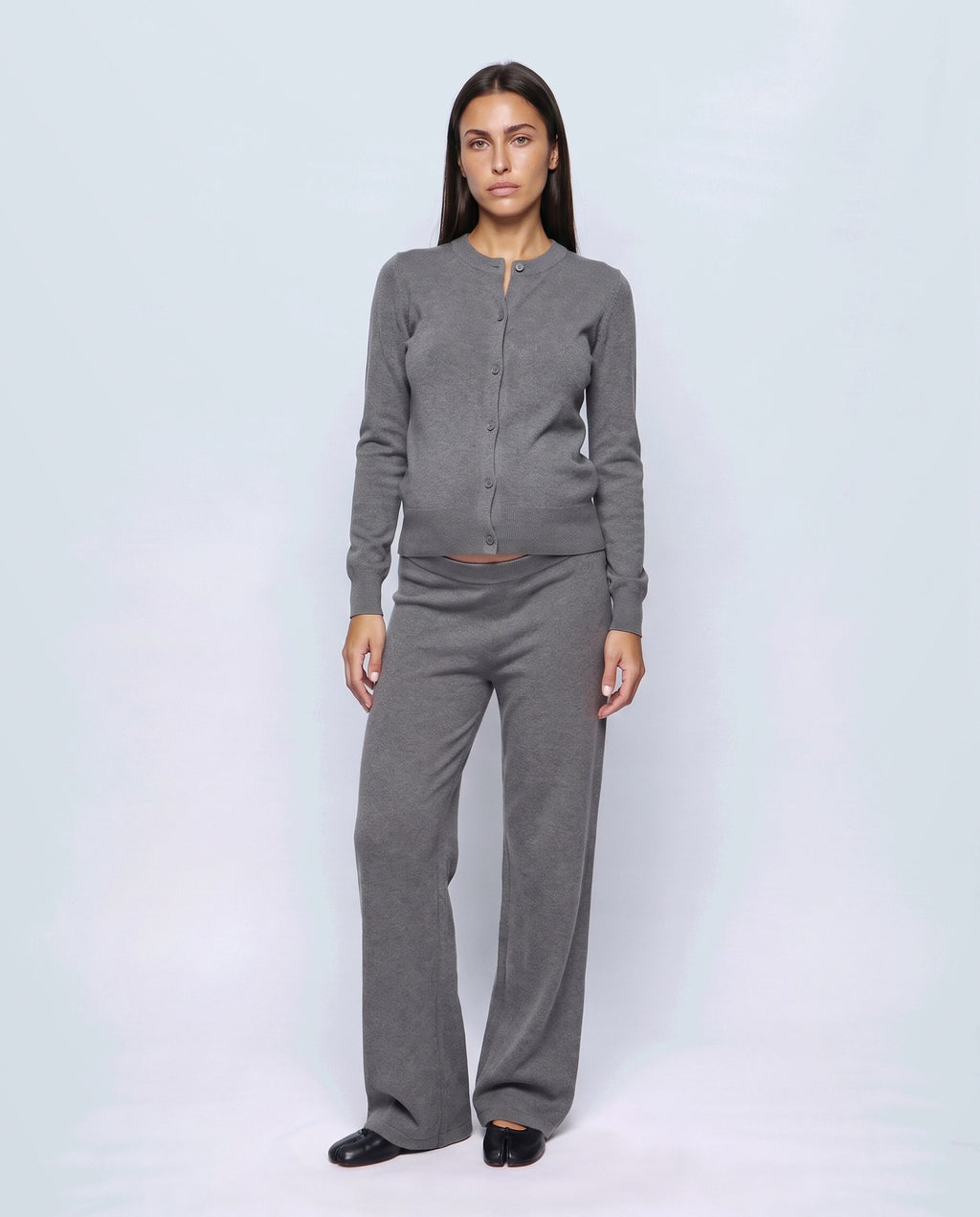 Adele Cardigan & Pant Set in Heather grey, closed styling