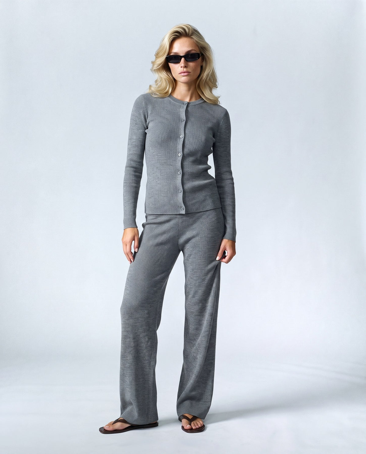 Adele Cardigan & Pant Set in Heather grey, front view on a non-pregnant model