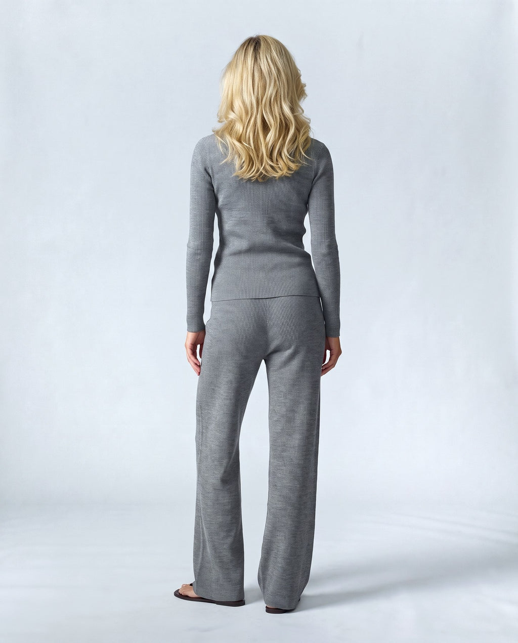 Adele Cardigan & Pant Set in Heather grey, back view on a non-pregnant model