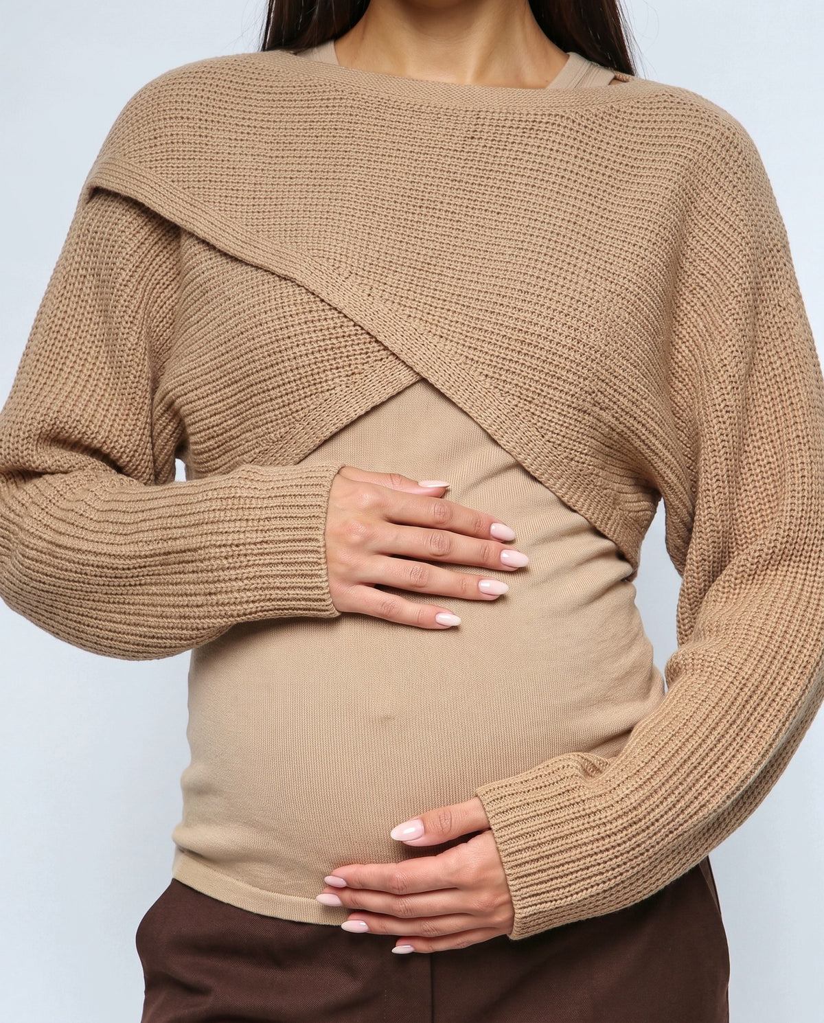 Aline Cross-Front Sweater in Camel, fabric detail