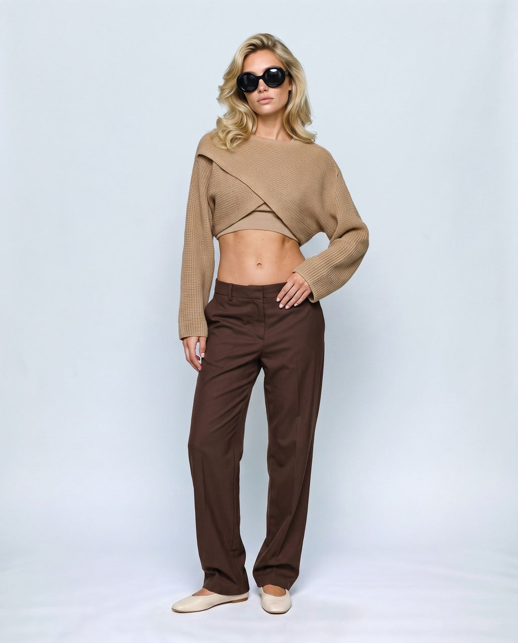 Aline Cross-Front Sweater in Camel, front view on a non-pregnant model