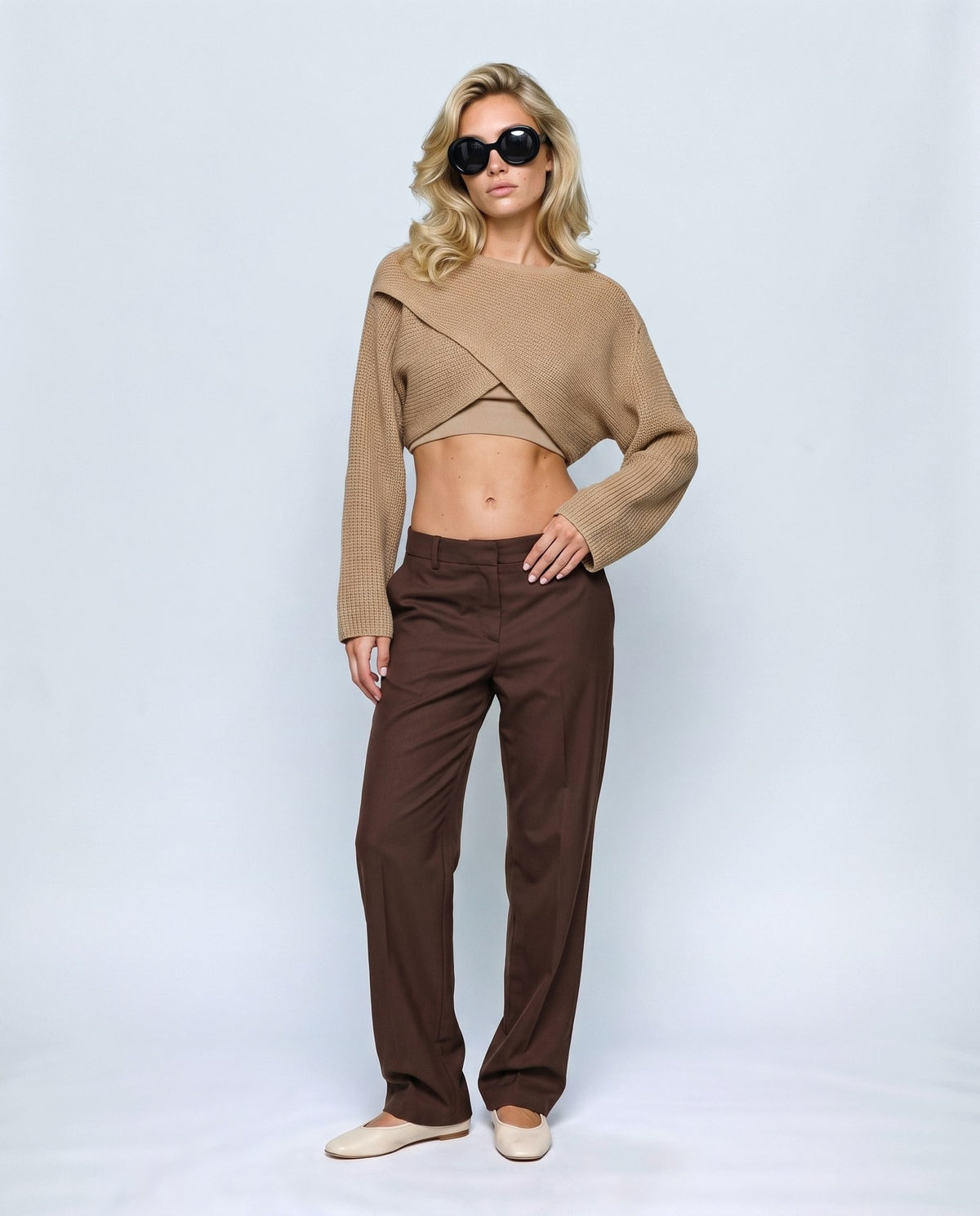 Aline Cross-Front Sweater in Camel, front view on a non-pregnant model