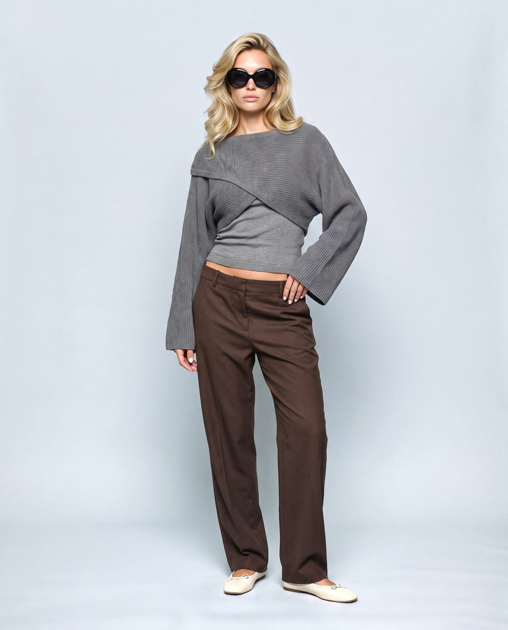 Aline Cross-Front Sweater in Grey, front view on a non-pregnant model