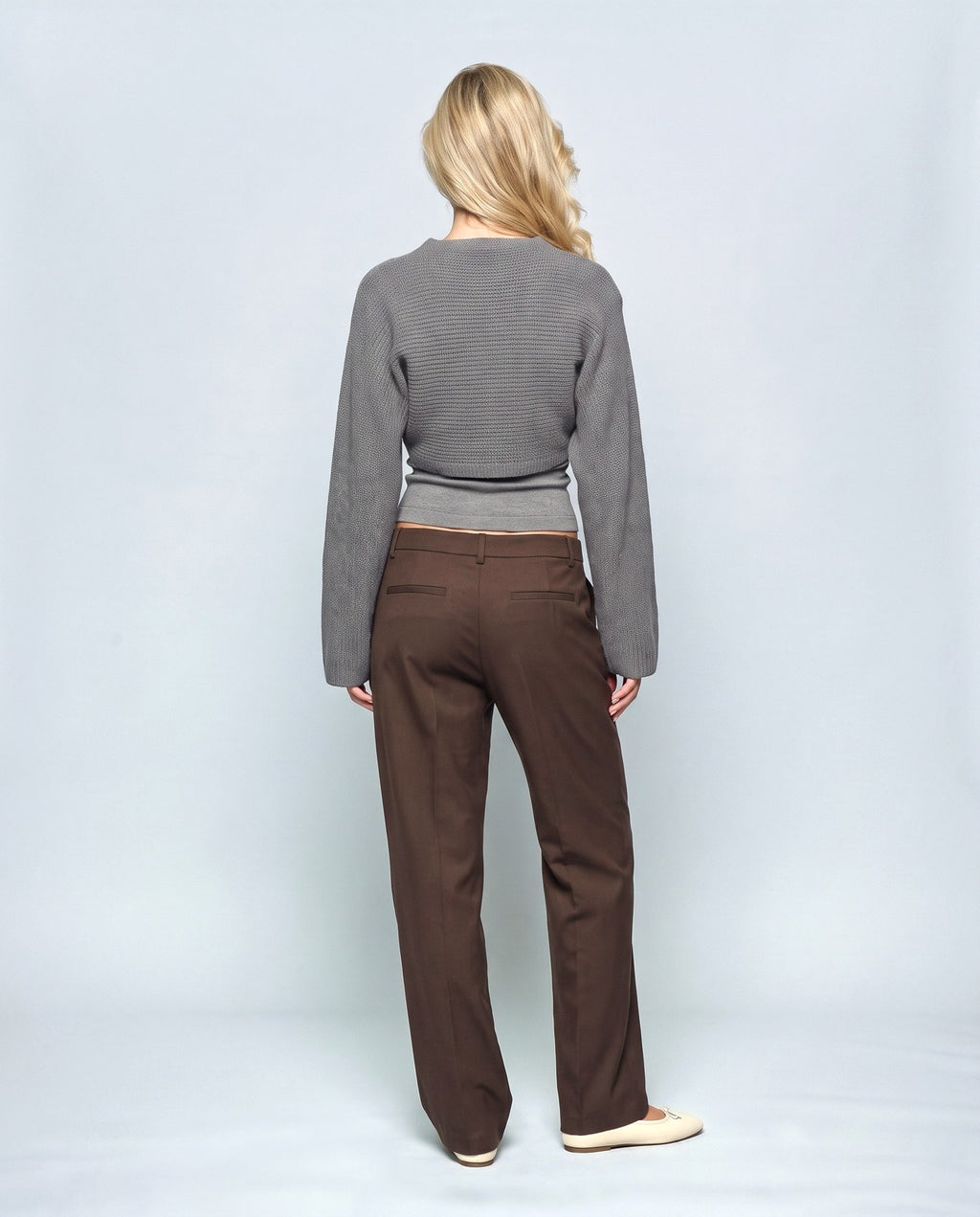 Aline Cross-Front Sweater in Grey, back view on a non-pregnant model