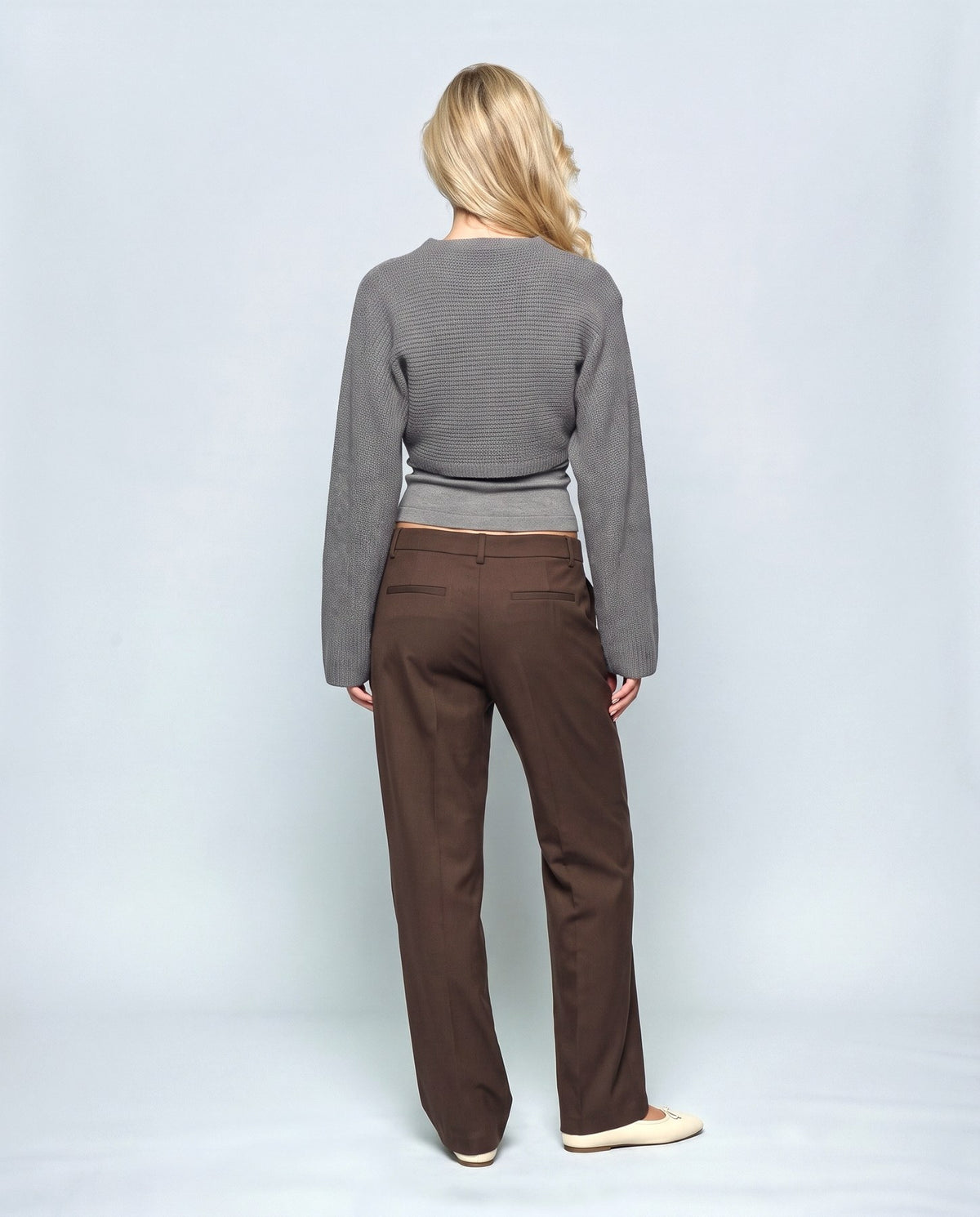 Aline Cross-Front Sweater in Grey, back view on a non-pregnant model