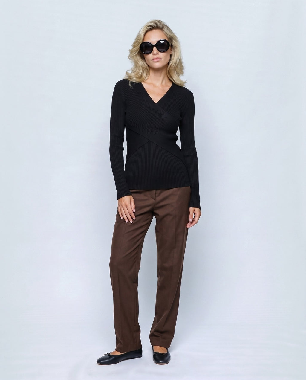 Alma Cross-Front Top in Black, front view on a non-pregnant model