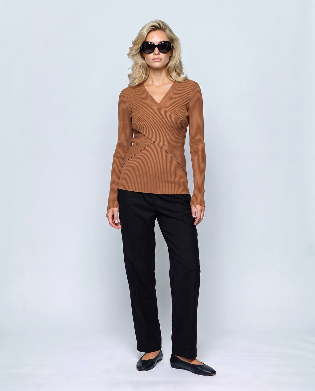 Alma Cross-Front Top in Caramel, front view on a non-pregnant model