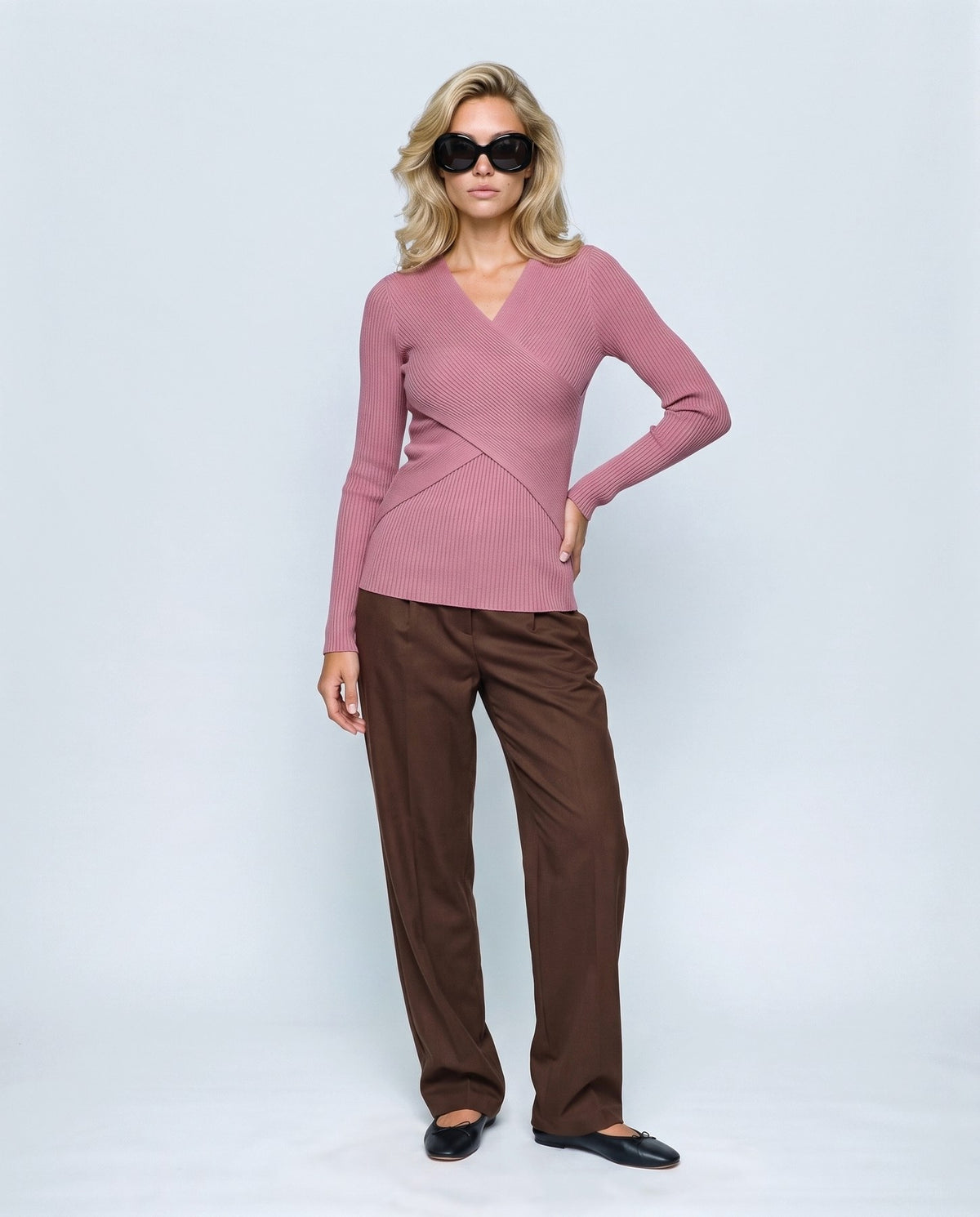 Alma Cross-Front Top in Dusty rose, front view on a non-pregnant model