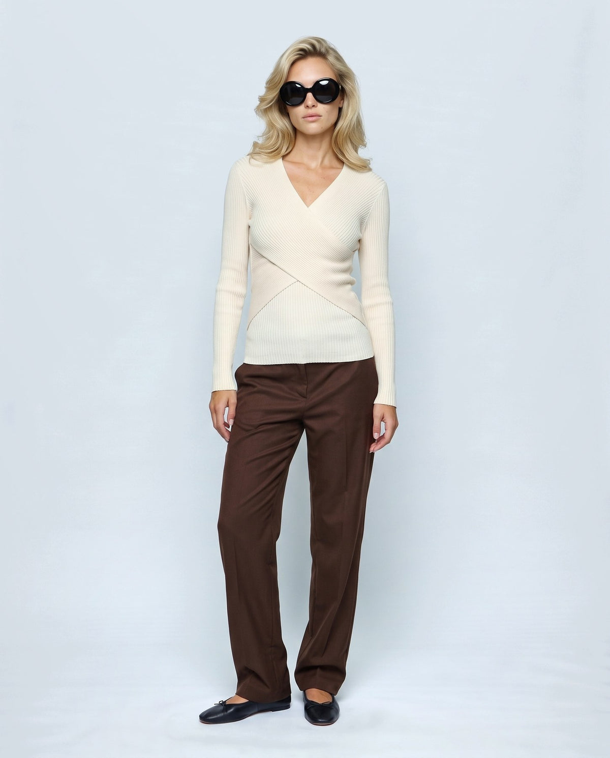 Alma Cross-Front Top in Milk cream, front view on a non-pregnant model
