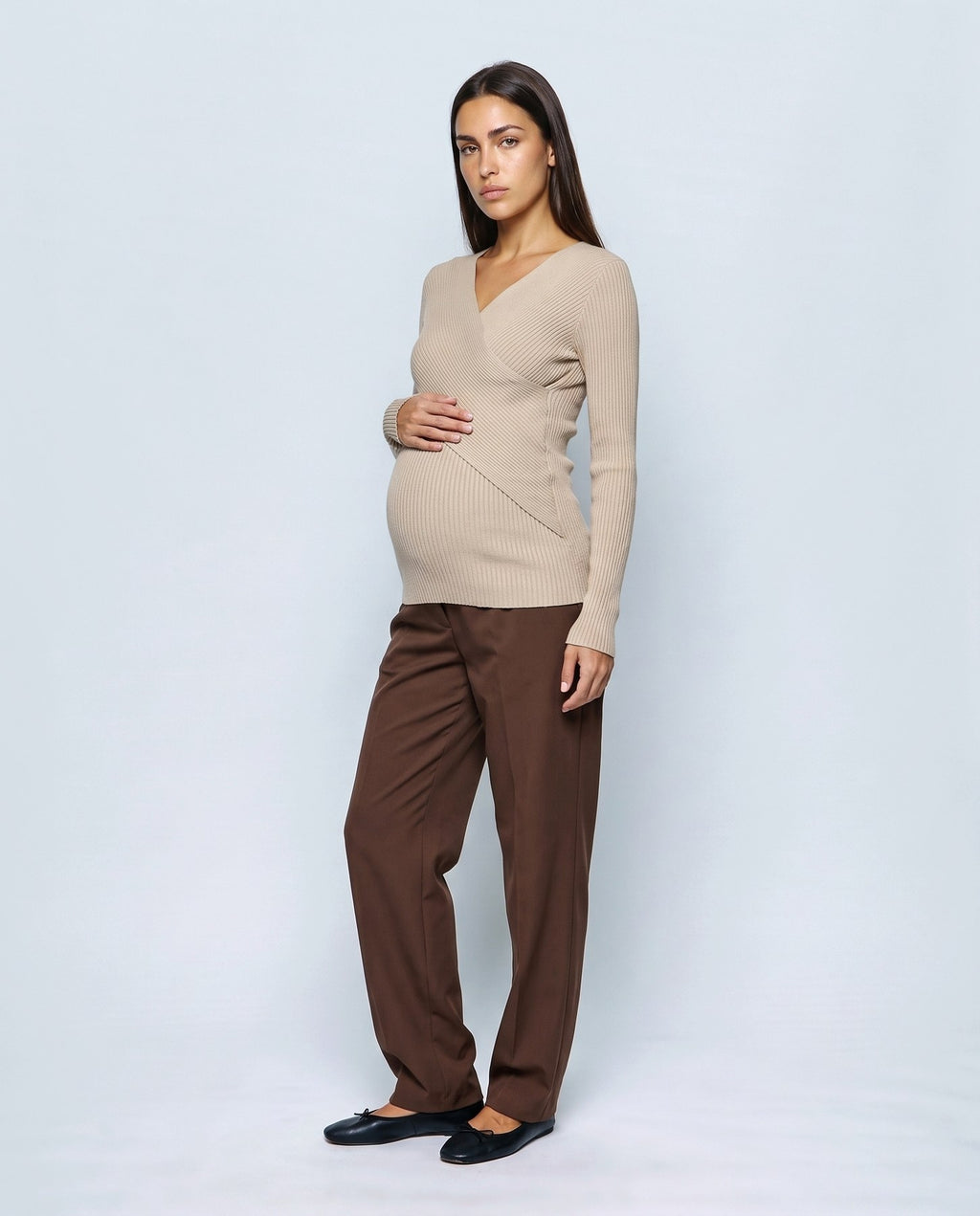 Alma Cross-Front Top in Oatmeal beige, front view