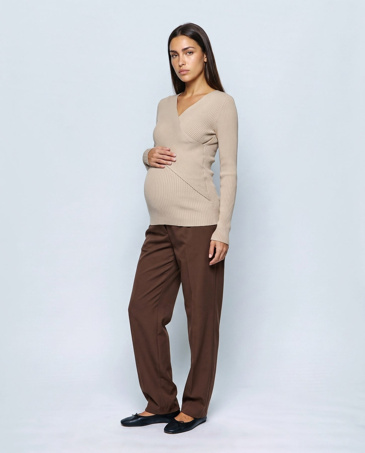 Alma Cross-Front Top in Oatmeal beige, front view