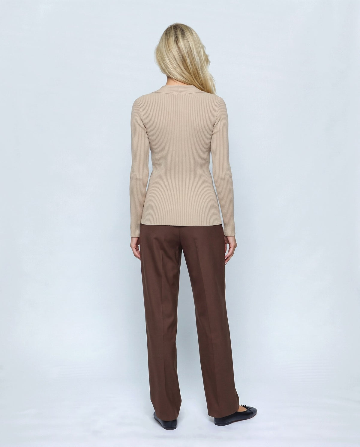 Alma Cross-Front Top in Oatmeal beige, back view on a non-pregnant model