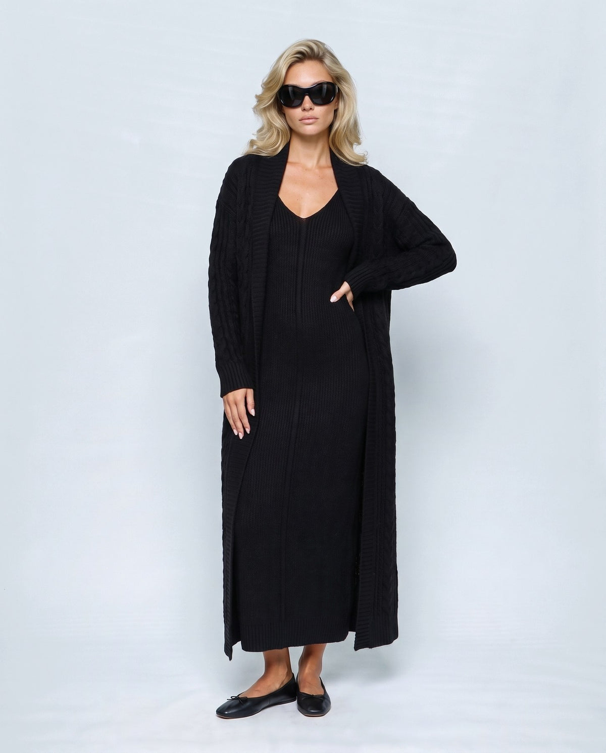 Amelie Cardigan & Slip Dress Set in Black, front view on a non-pregnant model