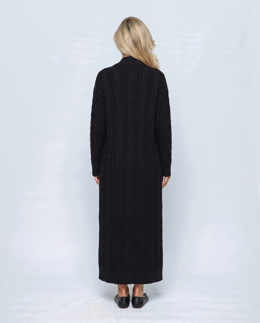 Amelie Cardigan & Slip Dress Set in Black, back view on a non-pregnant model