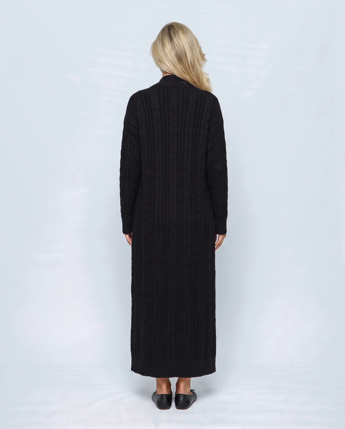 Amelie Cardigan & Slip Dress Set in Black, back view on a non-pregnant model