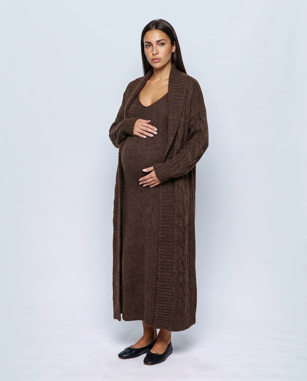 Amelie Cardigan & Slip Dress Set in Chocolate, front view