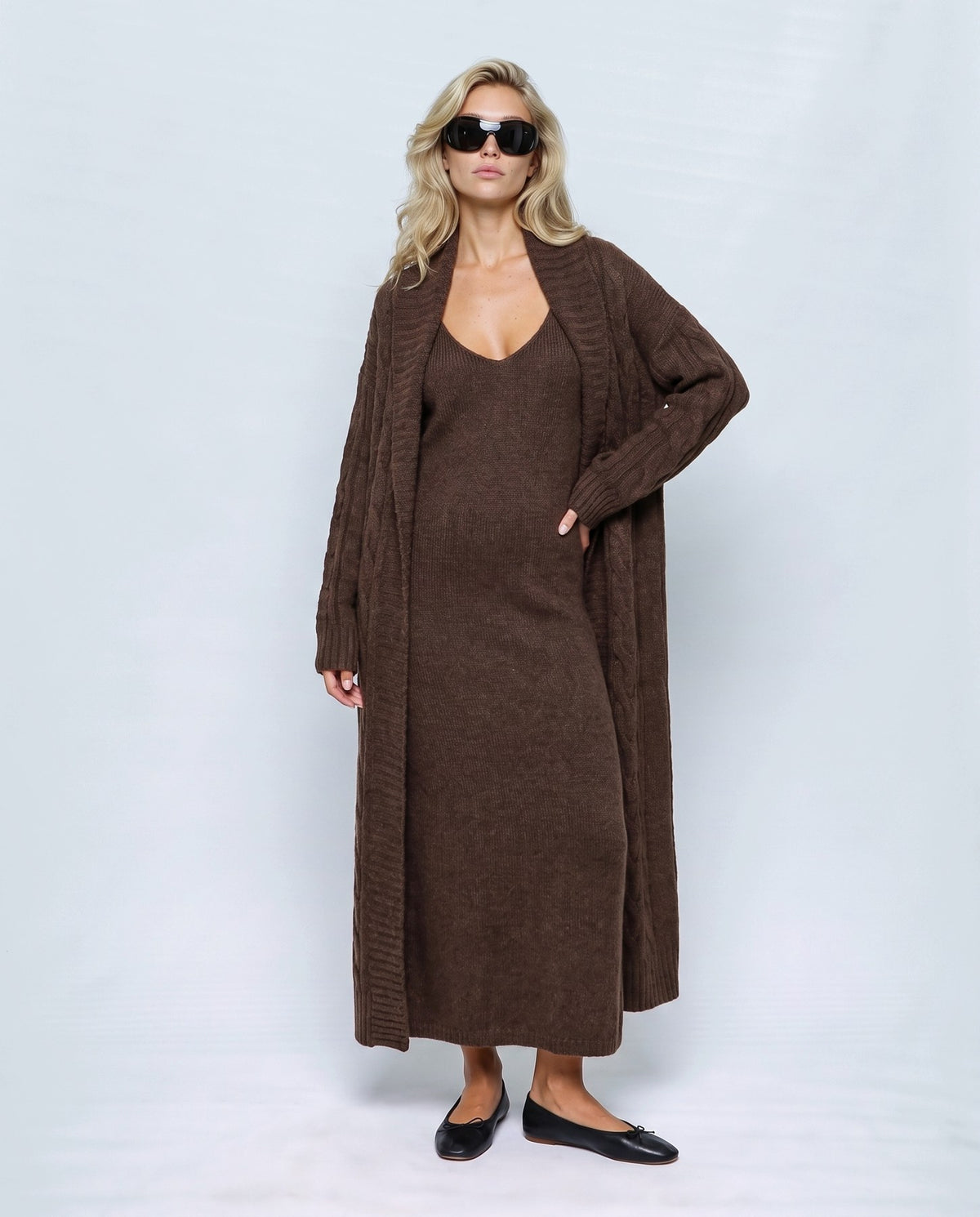 Amelie Cardigan & Slip Dress Set in Chocolate, front view on a non-pregnant model